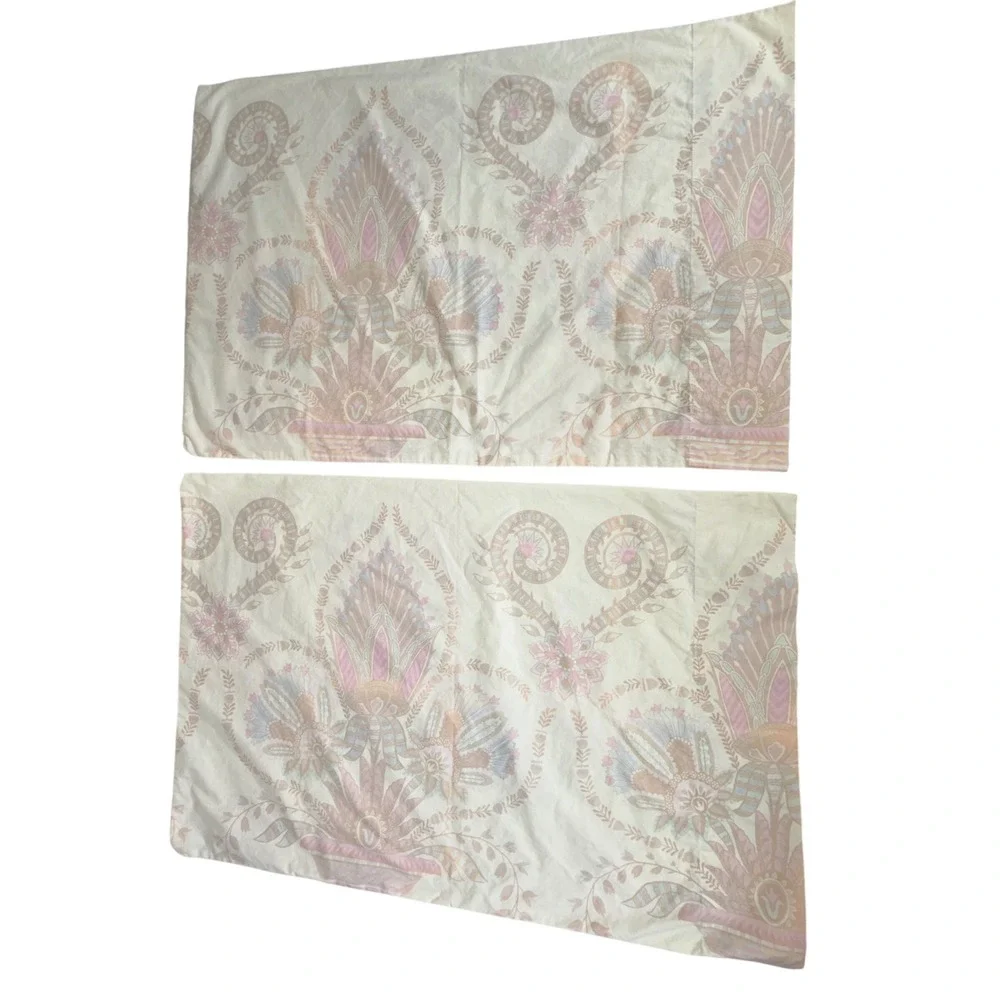 Atelier Martex Full Sheet Set Cream Pink Floral Paisley Cotton Vintage USA READ